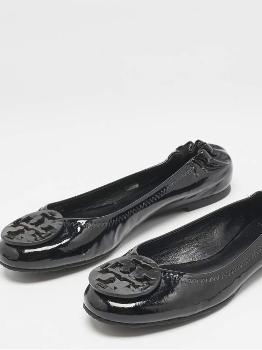 Tory Burch Logo Black Patent Slip On Flats